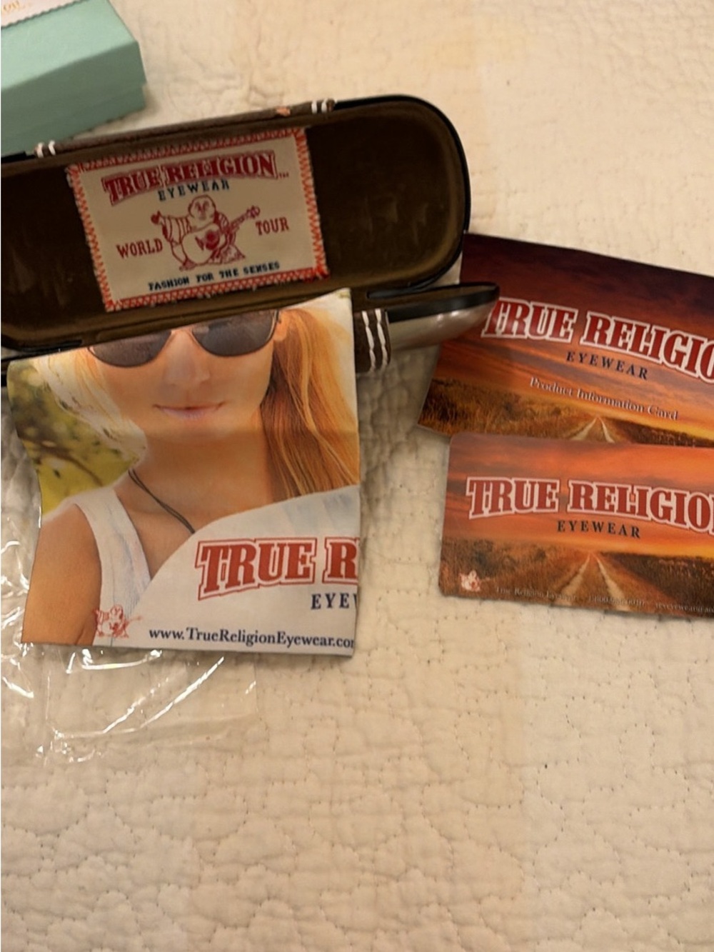 True Religion Brown and Silver Eyewear Case with Branded Cards